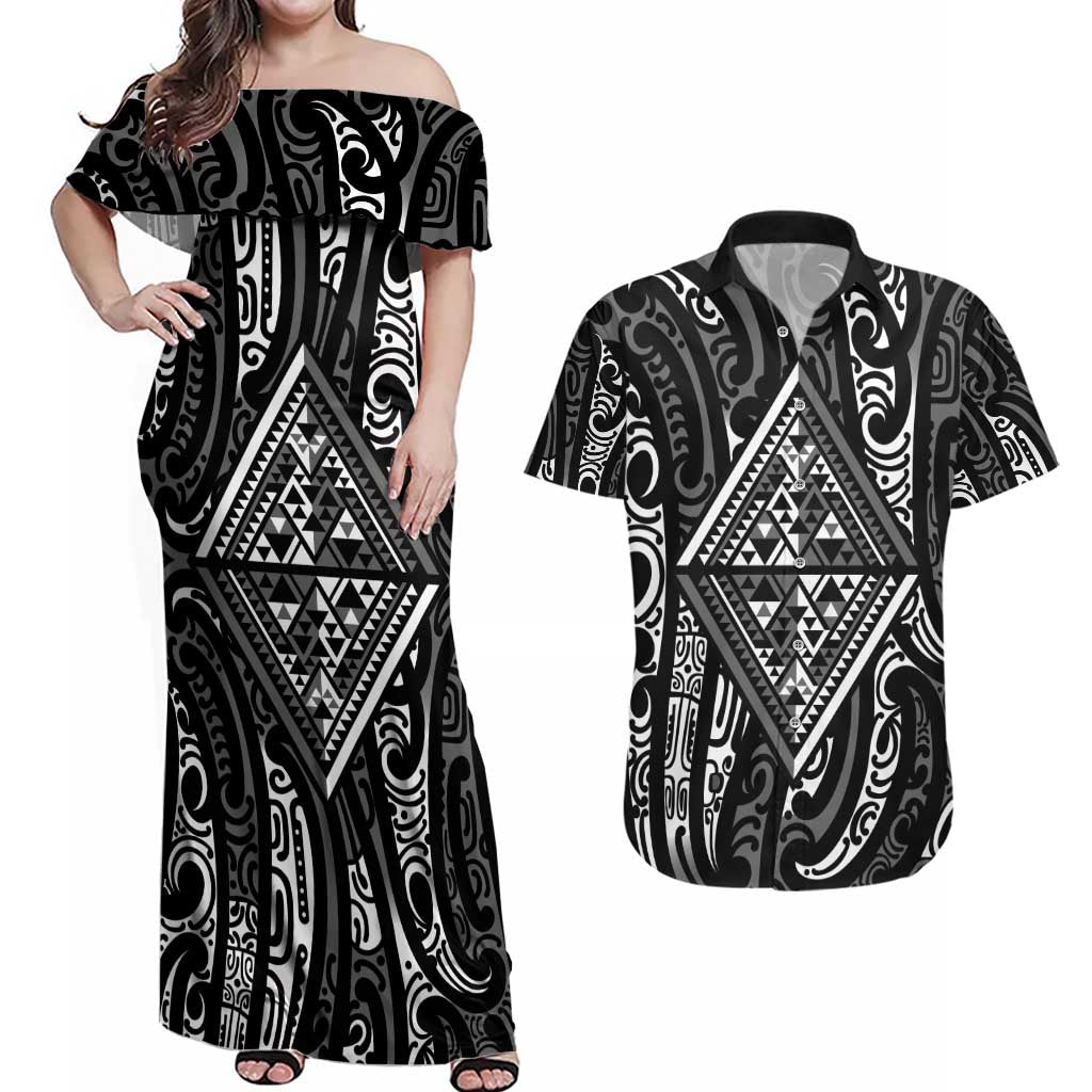 New Zealand Maori Taniko Couples Matching Off Shoulder Maxi Dress and Hawaiian Shirt Black Kowhaiwhai Puhoro