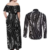New Zealand Maori Taniko Couples Matching Off Shoulder Maxi Dress and Long Sleeve Button Shirt Black Kowhaiwhai Puhoro LT9 - Polynesian Pride