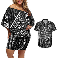 New Zealand Maori Taniko Couples Matching Off Shoulder Short Dress and Hawaiian Shirt Black Kowhaiwhai Puhoro LT9 Black - Polynesian Pride