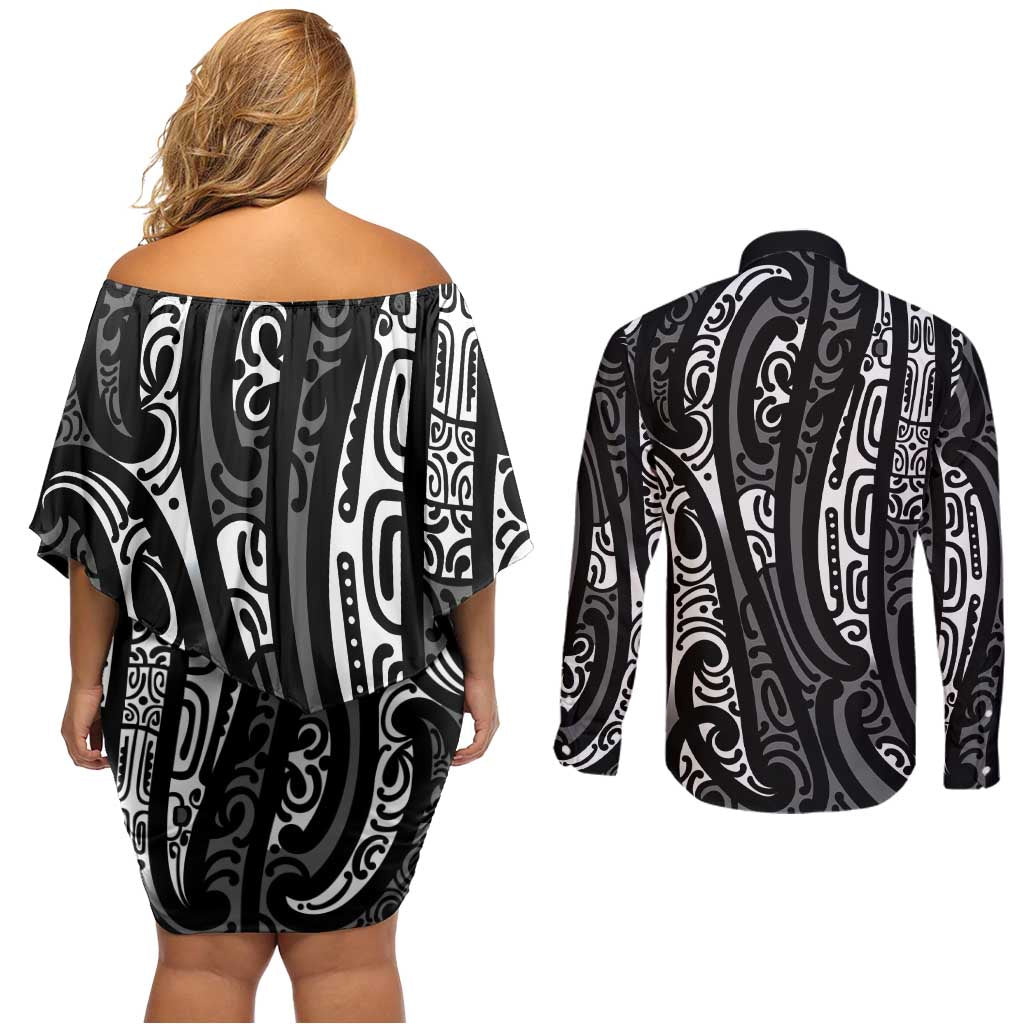 New Zealand Maori Taniko Couples Matching Off Shoulder Short Dress and Long Sleeve Button Shirt Black Kowhaiwhai Puhoro LT9 - Polynesian Pride