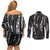 New Zealand Maori Taniko Couples Matching Off Shoulder Short Dress and Long Sleeve Button Shirt Black Kowhaiwhai Puhoro