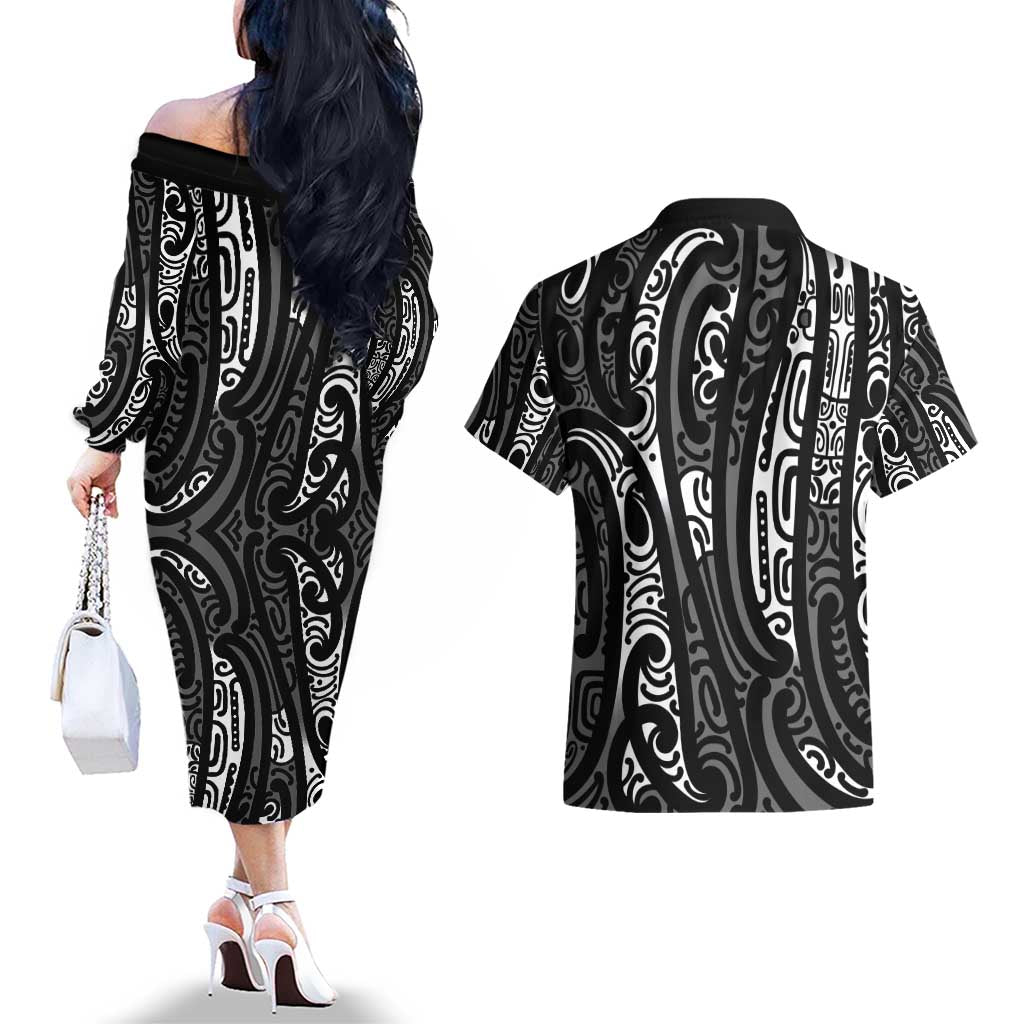 New Zealand Maori Taniko Couples Matching Off The Shoulder Long Sleeve Dress and Hawaiian Shirt Black Kowhaiwhai Puhoro LT9 - Polynesian Pride
