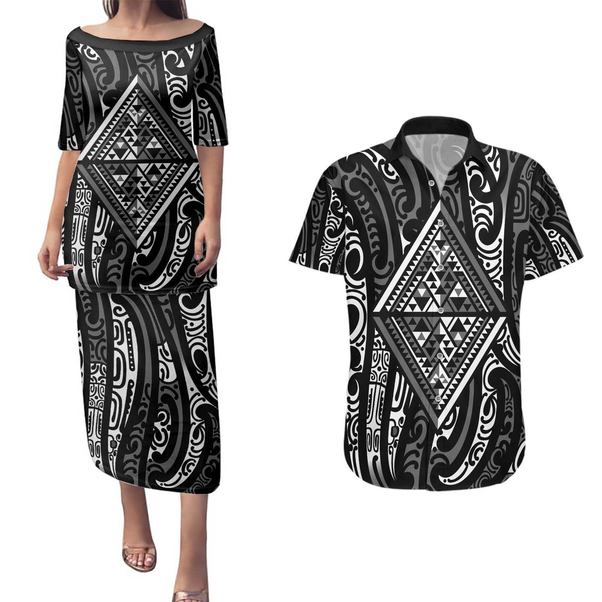 New Zealand Maori Taniko Couples Matching Puletasi and Hawaiian Shirt Black Kowhaiwhai Puhoro LT9 Black - Polynesian Pride