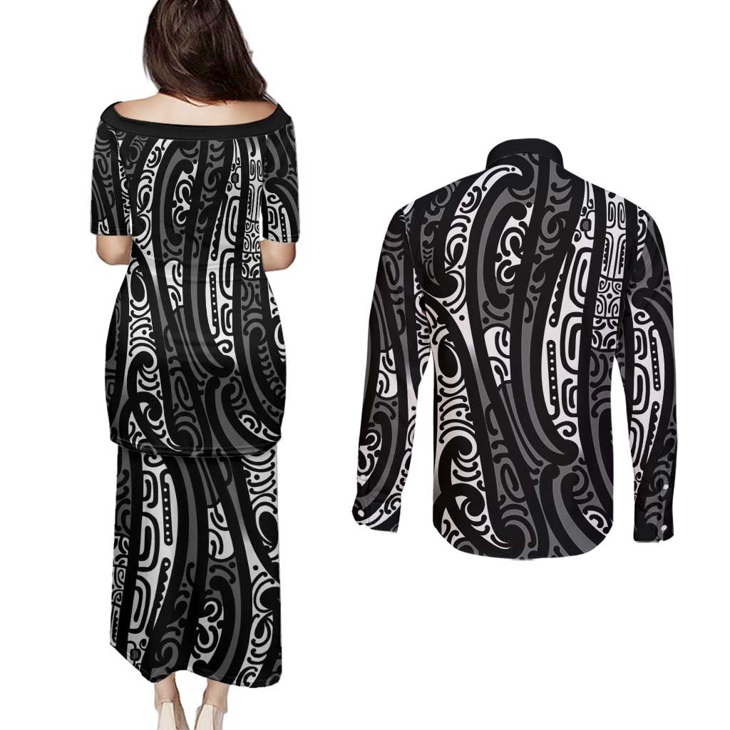 New Zealand Maori Taniko Couples Matching Puletasi and Long Sleeve Button Shirt Black Kowhaiwhai Puhoro LT9 - Polynesian Pride