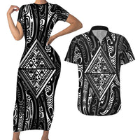 New Zealand Maori Taniko Couples Matching Short Sleeve Bodycon Dress and Hawaiian Shirt Black Kowhaiwhai Puhoro LT9 Black - Polynesian Pride