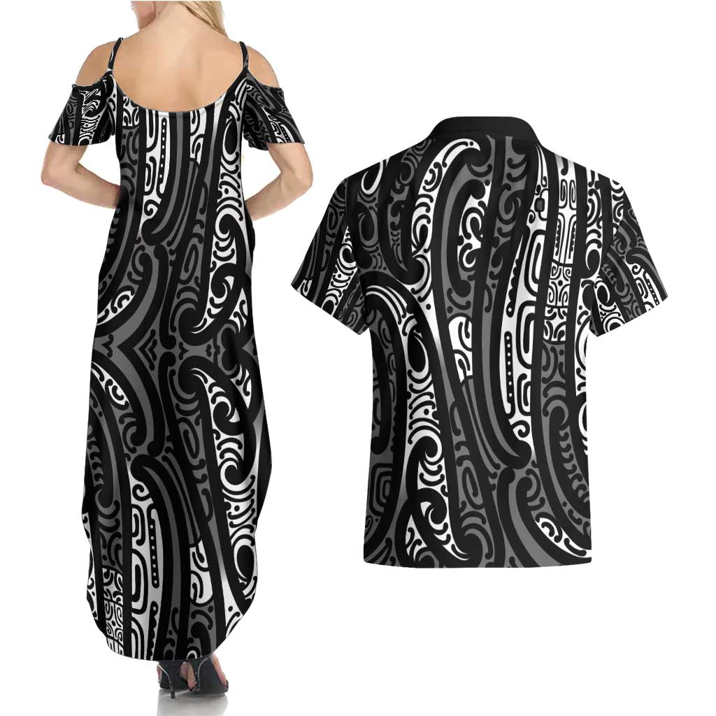 New Zealand Maori Taniko Couples Matching Summer Maxi Dress and Hawaiian Shirt Black Kowhaiwhai Puhoro LT9 - Polynesian Pride