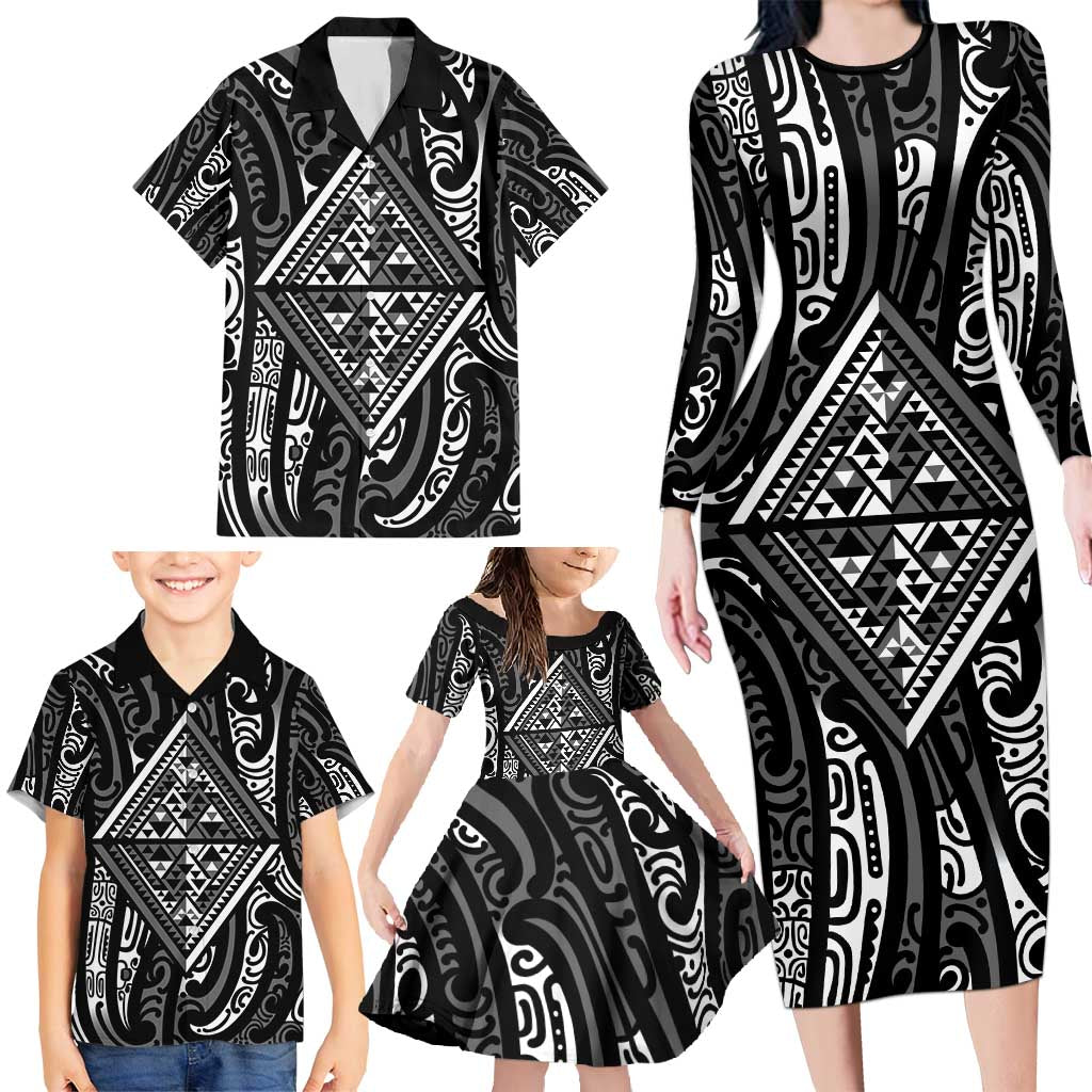 New Zealand Maori Taniko Family Matching Long Sleeve Bodycon Dress and Hawaiian Shirt Black Kowhaiwhai Puhoro