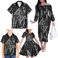 New Zealand Maori Taniko Family Matching Off The Shoulder Long Sleeve Dress and Hawaiian Shirt Black Kowhaiwhai Puhoro LT9 - Polynesian Pride