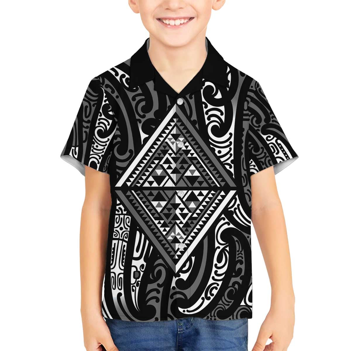 New Zealand Maori Taniko Family Matching Off The Shoulder Long Sleeve Dress and Hawaiian Shirt Black Kowhaiwhai Puhoro LT9 Son's Shirt Black - Polynesian Pride