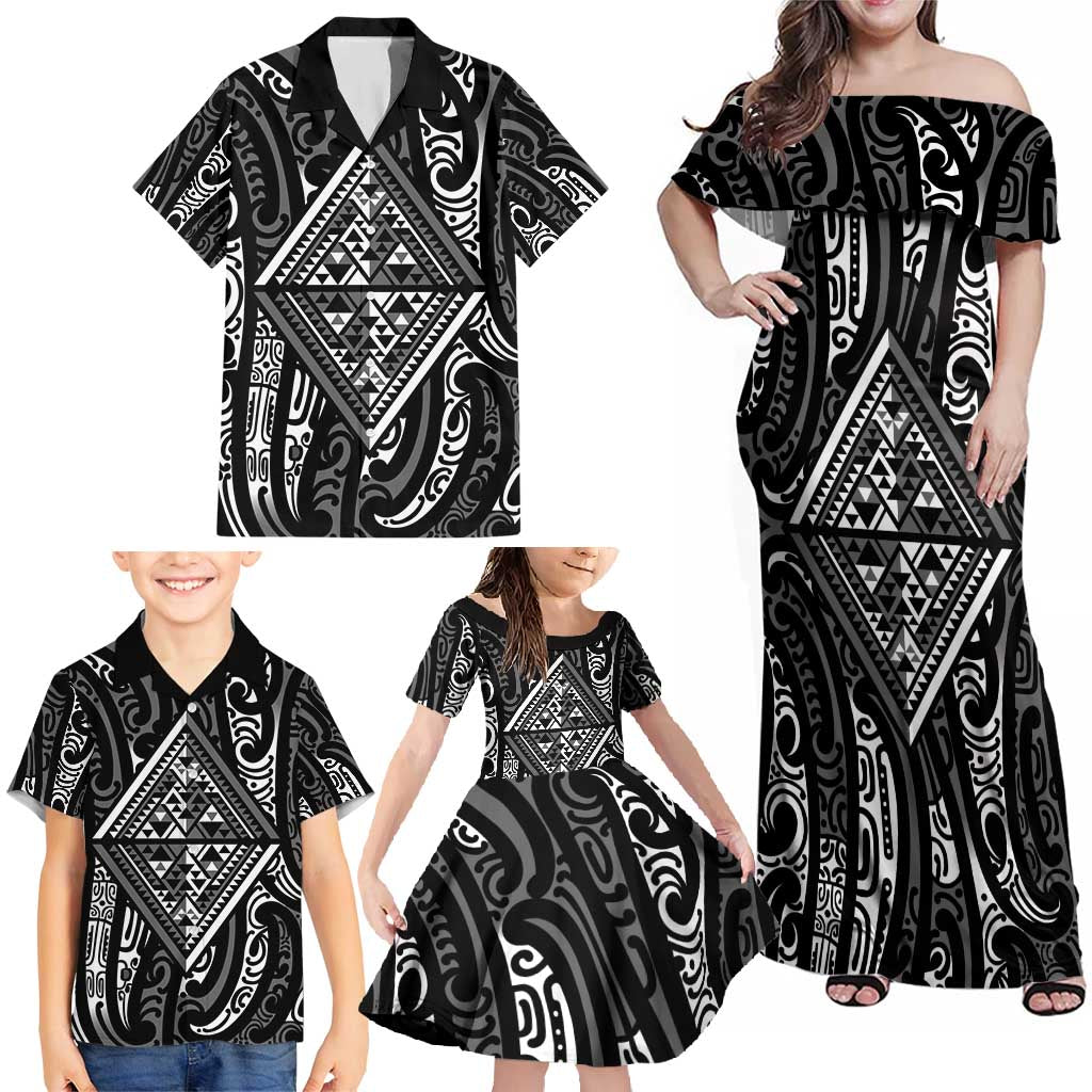 New Zealand Maori Taniko Family Matching Off Shoulder Maxi Dress and Hawaiian Shirt Black Kowhaiwhai Puhoro LT9 - Polynesian Pride
