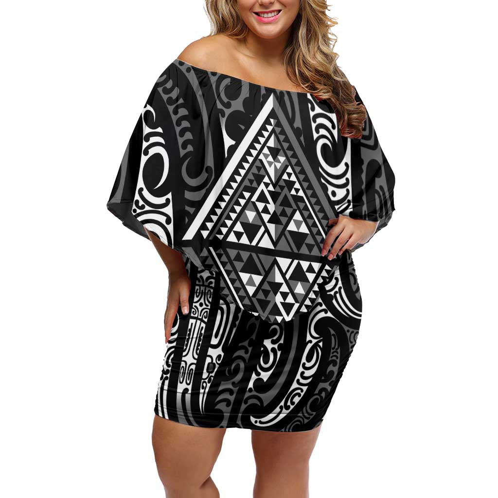 New Zealand Maori Taniko Family Matching Off Shoulder Short Dress and Hawaiian Shirt Black Kowhaiwhai Puhoro LT9 Mom's Dress Black - Polynesian Pride