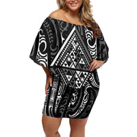 New Zealand Maori Taniko Family Matching Off Shoulder Short Dress and Hawaiian Shirt Black Kowhaiwhai Puhoro LT9 Mom's Dress Black - Polynesian Pride