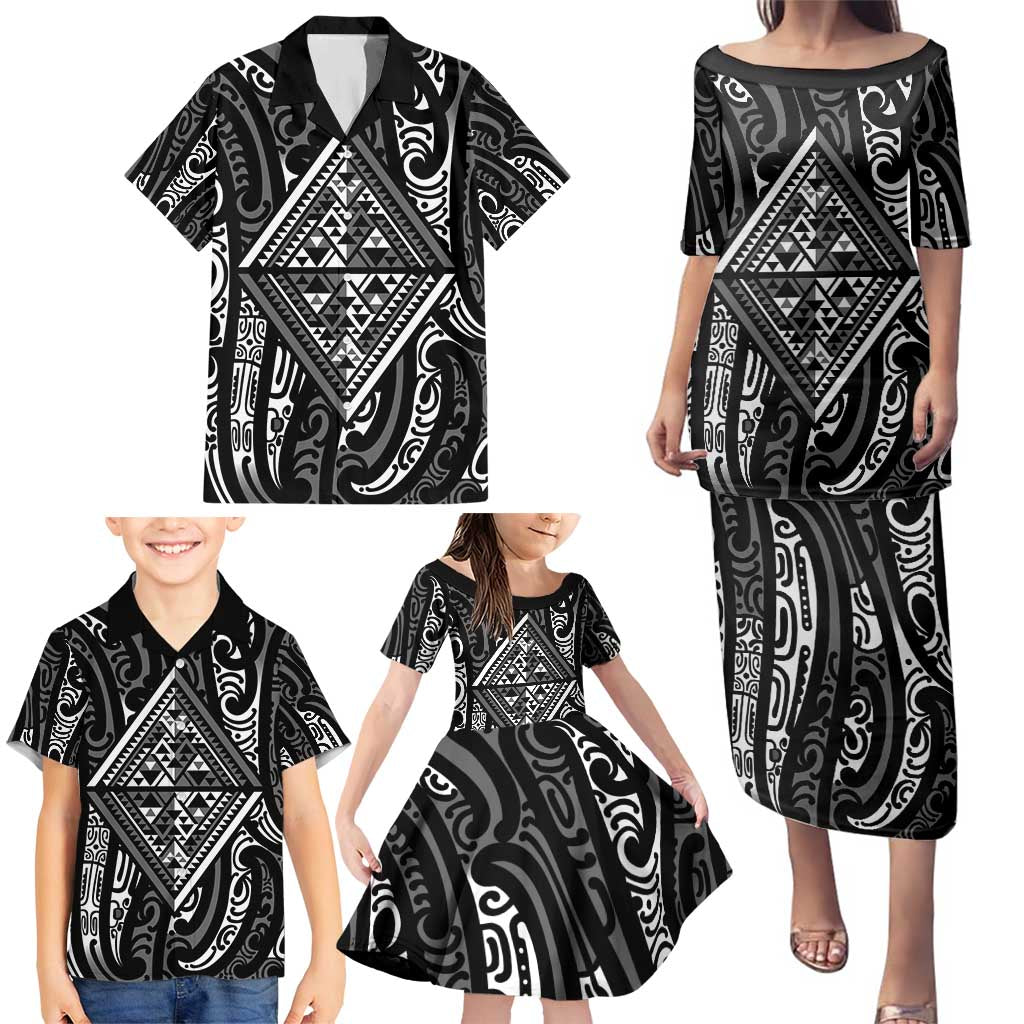 New Zealand Maori Taniko Family Matching Puletasi and Hawaiian Shirt Black Kowhaiwhai Puhoro LT9 - Polynesian Pride