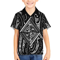 New Zealand Maori Taniko Family Matching Puletasi and Hawaiian Shirt Black Kowhaiwhai Puhoro LT9 Son's Shirt Black - Polynesian Pride