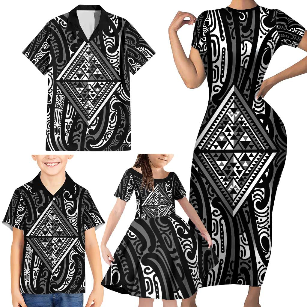 New Zealand Maori Taniko Family Matching Short Sleeve Bodycon Dress and Hawaiian Shirt Black Kowhaiwhai Puhoro