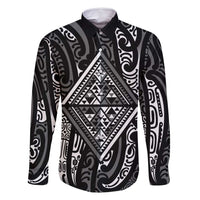 New Zealand Maori Taniko Family Matching Summer Maxi Dress and Hawaiian Shirt Black Kowhaiwhai Puhoro LT9 Dad's Shirt - Long Sleeve Black - Polynesian Pride
