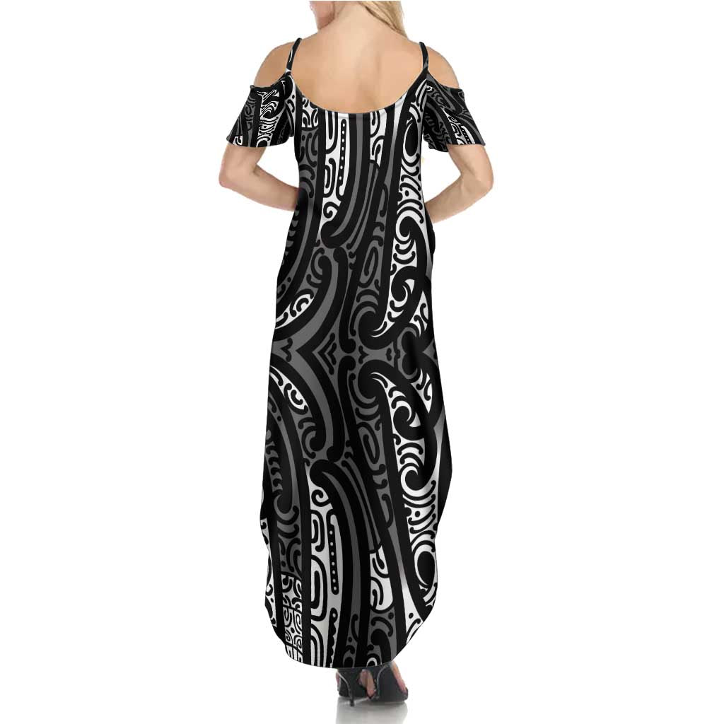 New Zealand Maori Taniko Family Matching Summer Maxi Dress and Hawaiian Shirt Black Kowhaiwhai Puhoro LT9 - Polynesian Pride