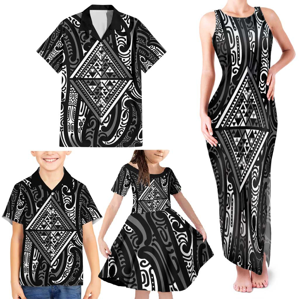 New Zealand Maori Taniko Family Matching Tank Maxi Dress and Hawaiian Shirt Black Kowhaiwhai Puhoro