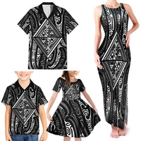 New Zealand Maori Taniko Family Matching Tank Maxi Dress and Hawaiian Shirt Black Kowhaiwhai Puhoro
