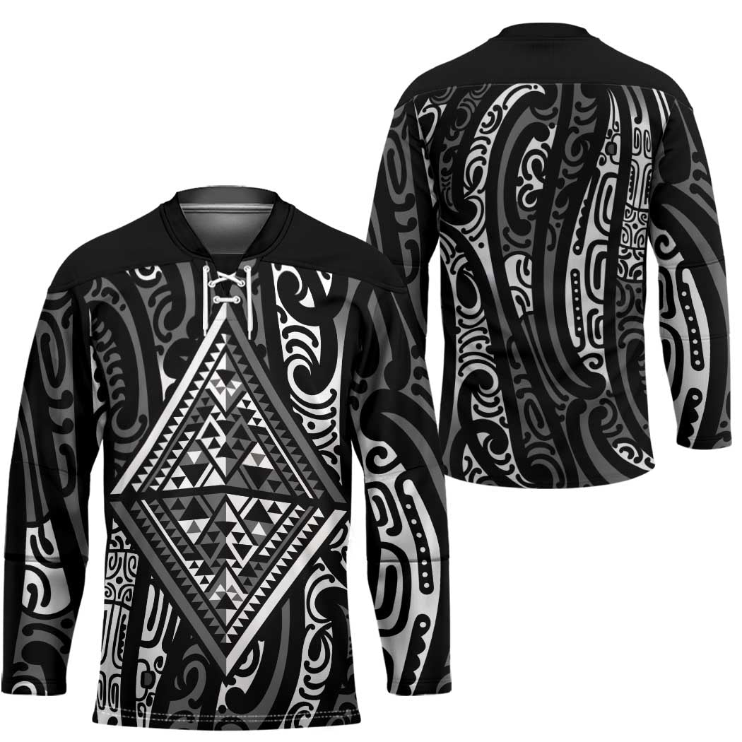 New Zealand Maori Taniko Hockey Jersey Black Kowhaiwhai Puhoro - Polynesian Pride