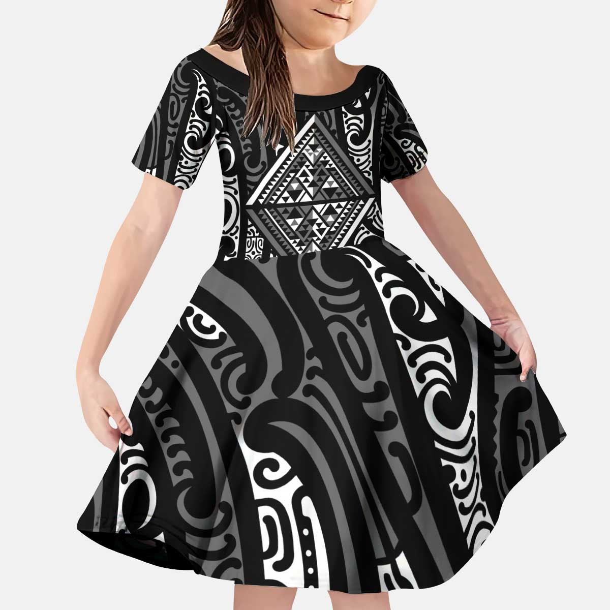 New Zealand Maori Taniko Kid Short Sleeve Dress Black Kowhaiwhai Puhoro