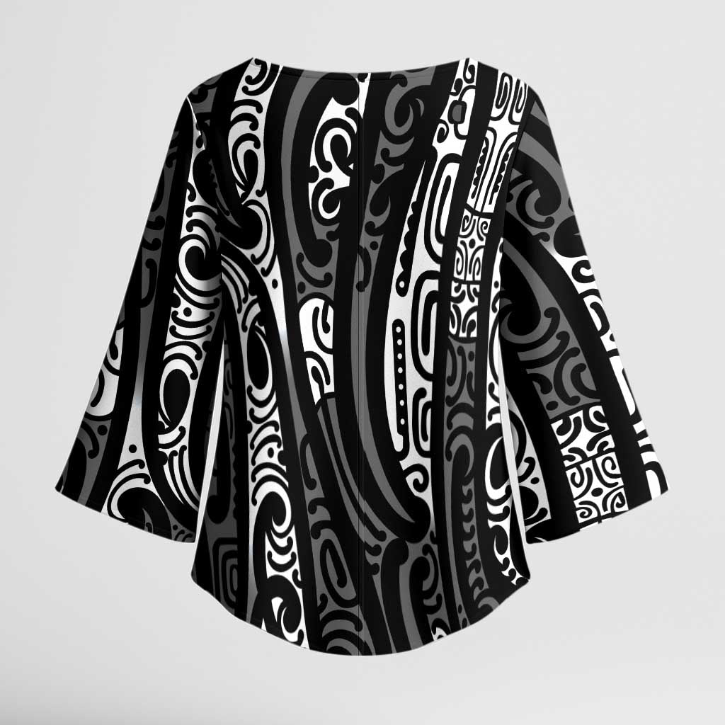 New Zealand Maori Taniko Kimono Sleeve Blouse Black Kowhaiwhai Puhoro - Polynesian Pride