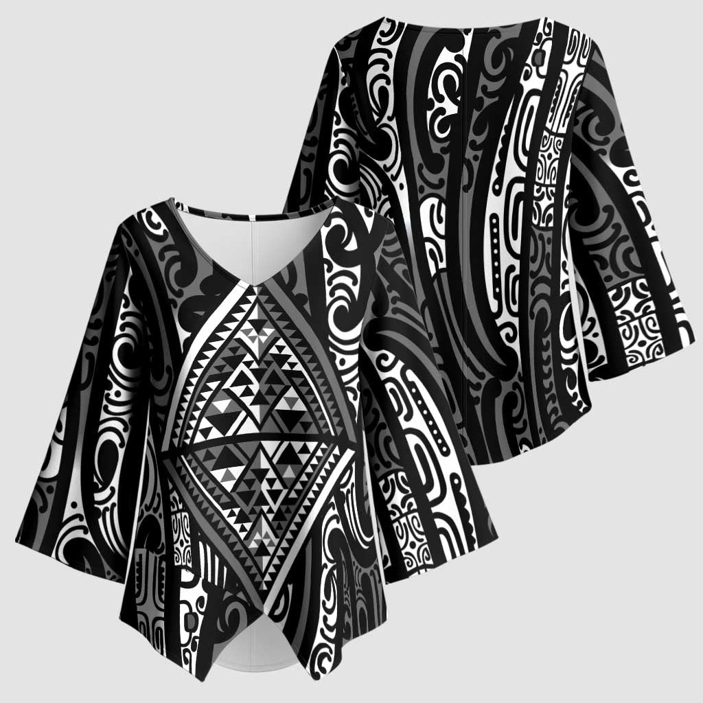 New Zealand Maori Taniko Kimono Sleeve Blouse Black Kowhaiwhai Puhoro - Polynesian Pride