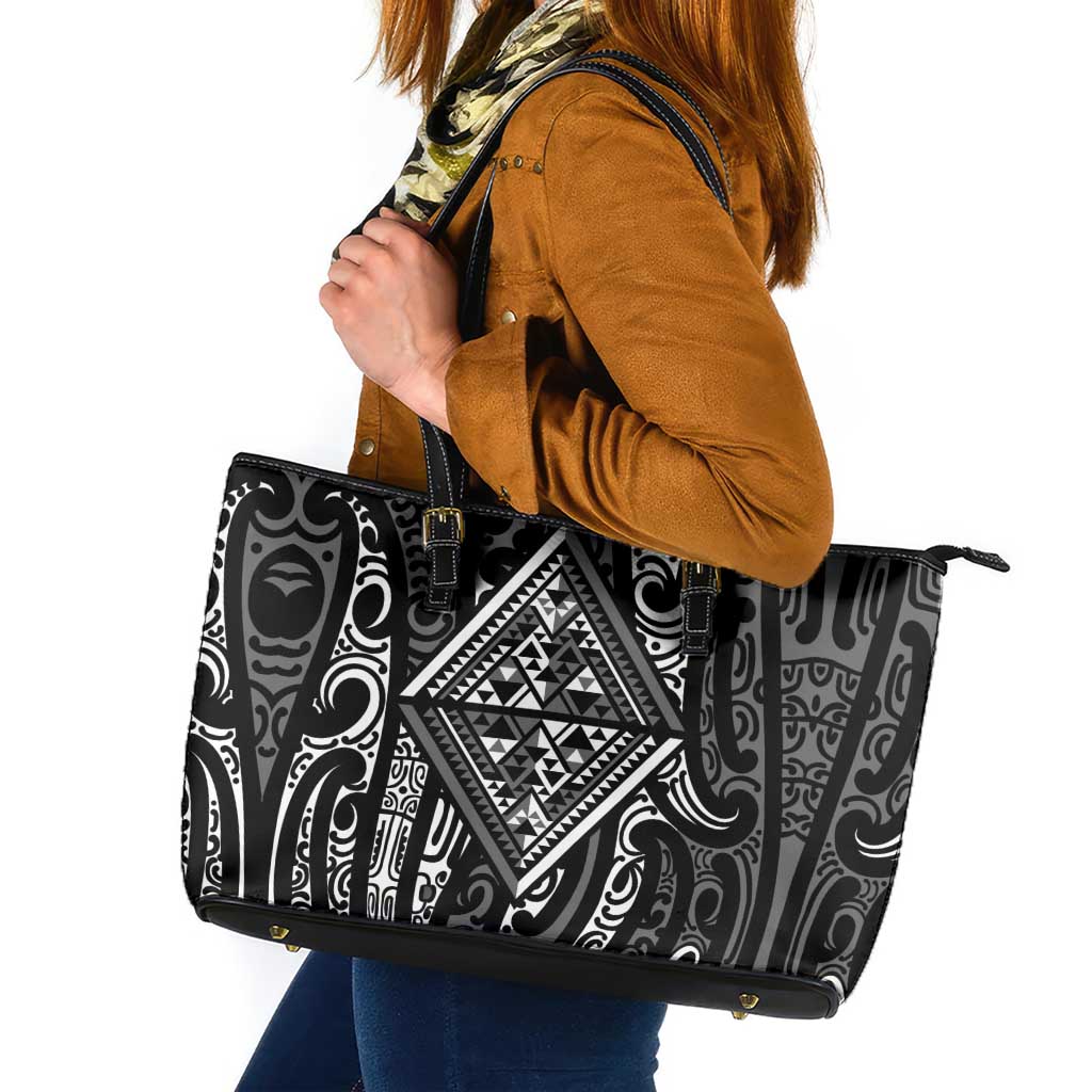 New Zealand Maori Taniko Leather Tote Bag Black Kowhaiwhai Puhoro LT9 Black - Polynesian Pride
