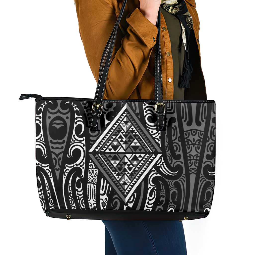 New Zealand Maori Taniko Leather Tote Bag Black Kowhaiwhai Puhoro LT9 - Polynesian Pride