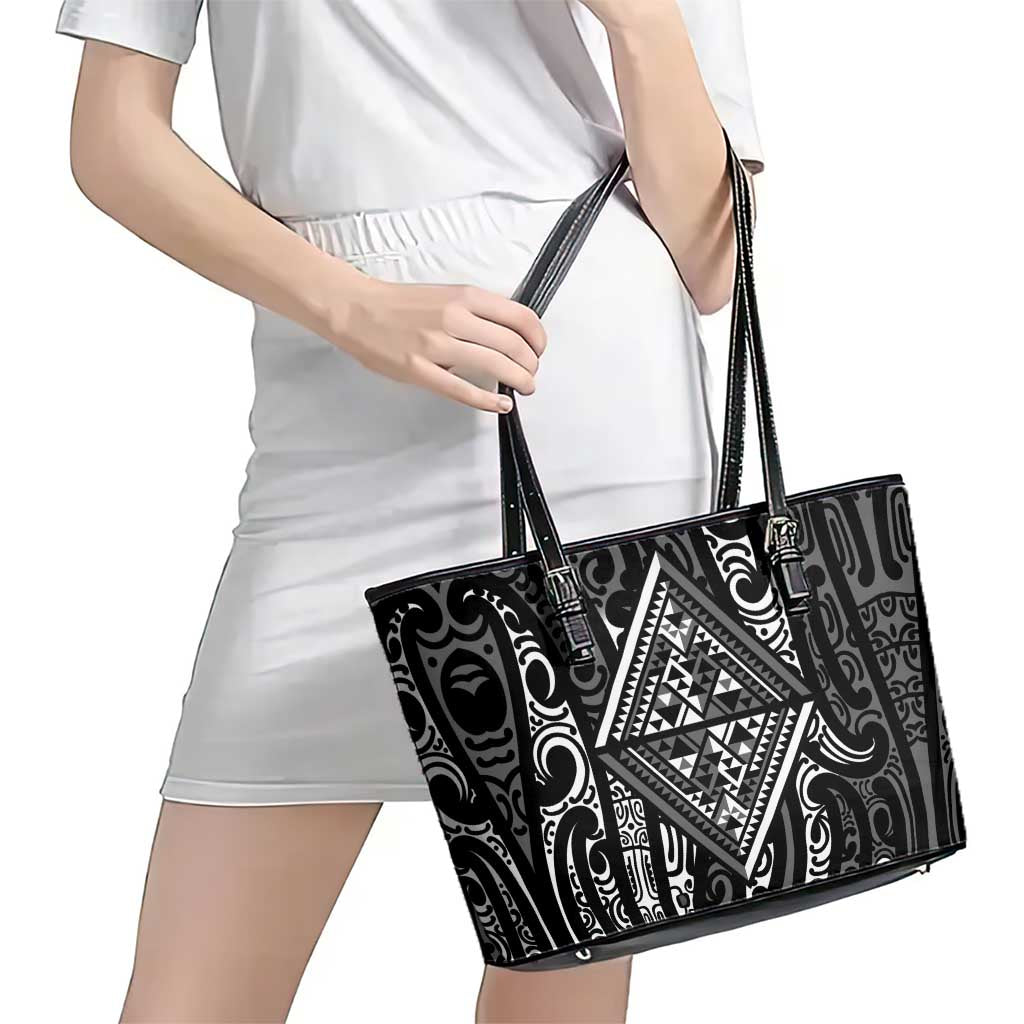 New Zealand Maori Taniko Leather Tote Bag Black Kowhaiwhai Puhoro LT9 - Polynesian Pride