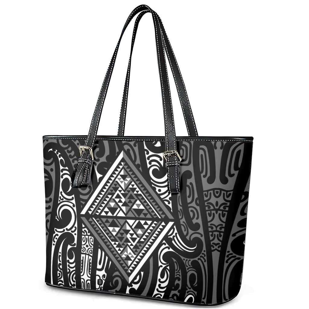 New Zealand Maori Taniko Leather Tote Bag Black Kowhaiwhai Puhoro LT9 - Polynesian Pride