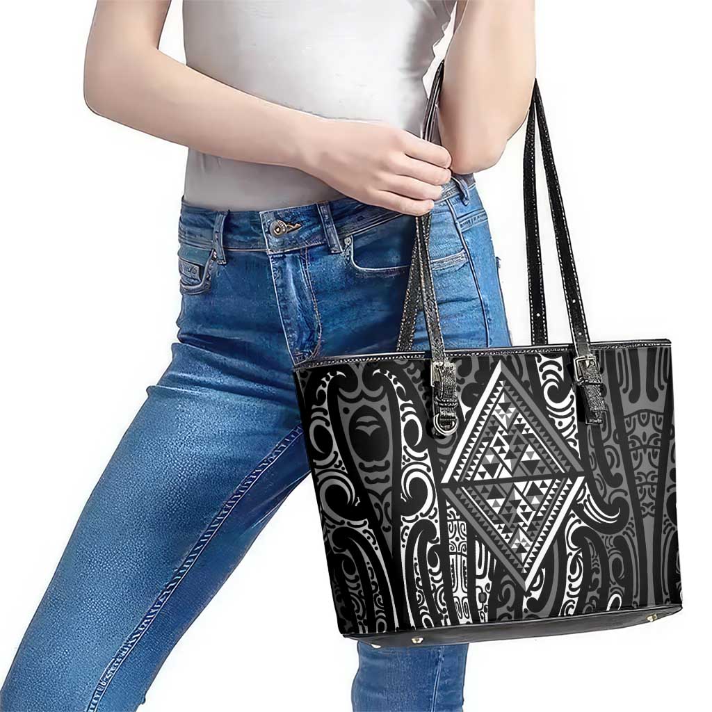 New Zealand Maori Taniko Leather Tote Bag Black Kowhaiwhai Puhoro LT9 - Polynesian Pride