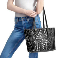 New Zealand Maori Taniko Leather Tote Bag Black Kowhaiwhai Puhoro LT9 - Polynesian Pride