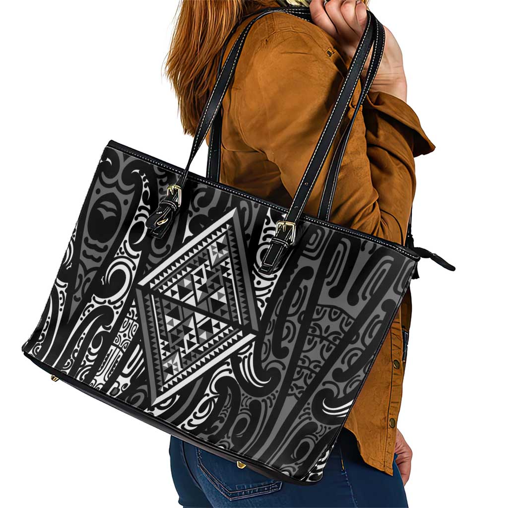 New Zealand Maori Taniko Leather Tote Bag Black Kowhaiwhai Puhoro LT9 - Polynesian Pride