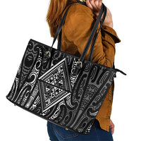 New Zealand Maori Taniko Leather Tote Bag Black Kowhaiwhai Puhoro LT9 - Polynesian Pride