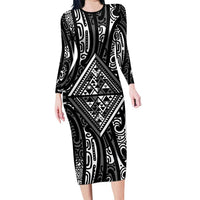 New Zealand Maori Taniko Long Sleeve Bodycon Dress Black Kowhaiwhai Puhoro LT9 Long Dress Black - Polynesian Pride