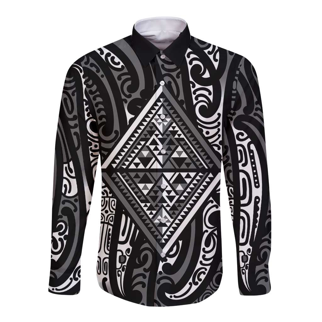 New Zealand Maori Taniko Long Sleeve Button Shirt Black Kowhaiwhai Puhoro