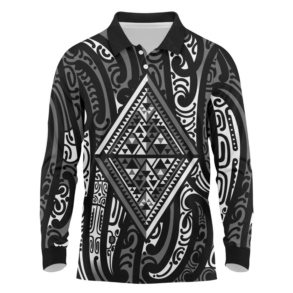 New Zealand Maori Taniko Long Sleeve Polo Shirt Black Kowhaiwhai Puhoro