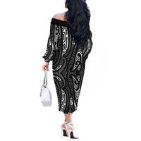 New Zealand Maori Taniko Off The Shoulder Long Sleeve Dress Black Kowhaiwhai Puhoro LT9 - Polynesian Pride