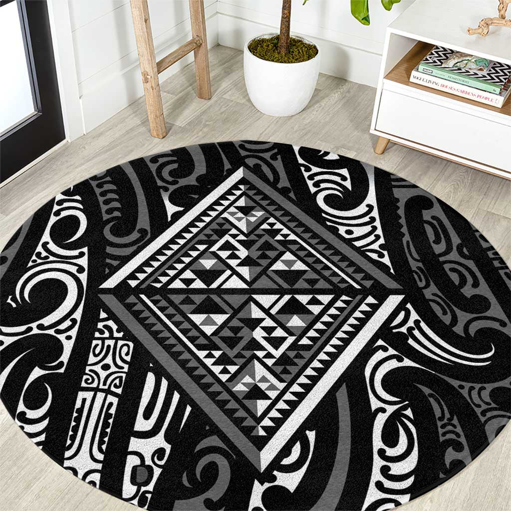 New Zealand Maori Taniko Round Carpet Black Kowhaiwhai Puhoro