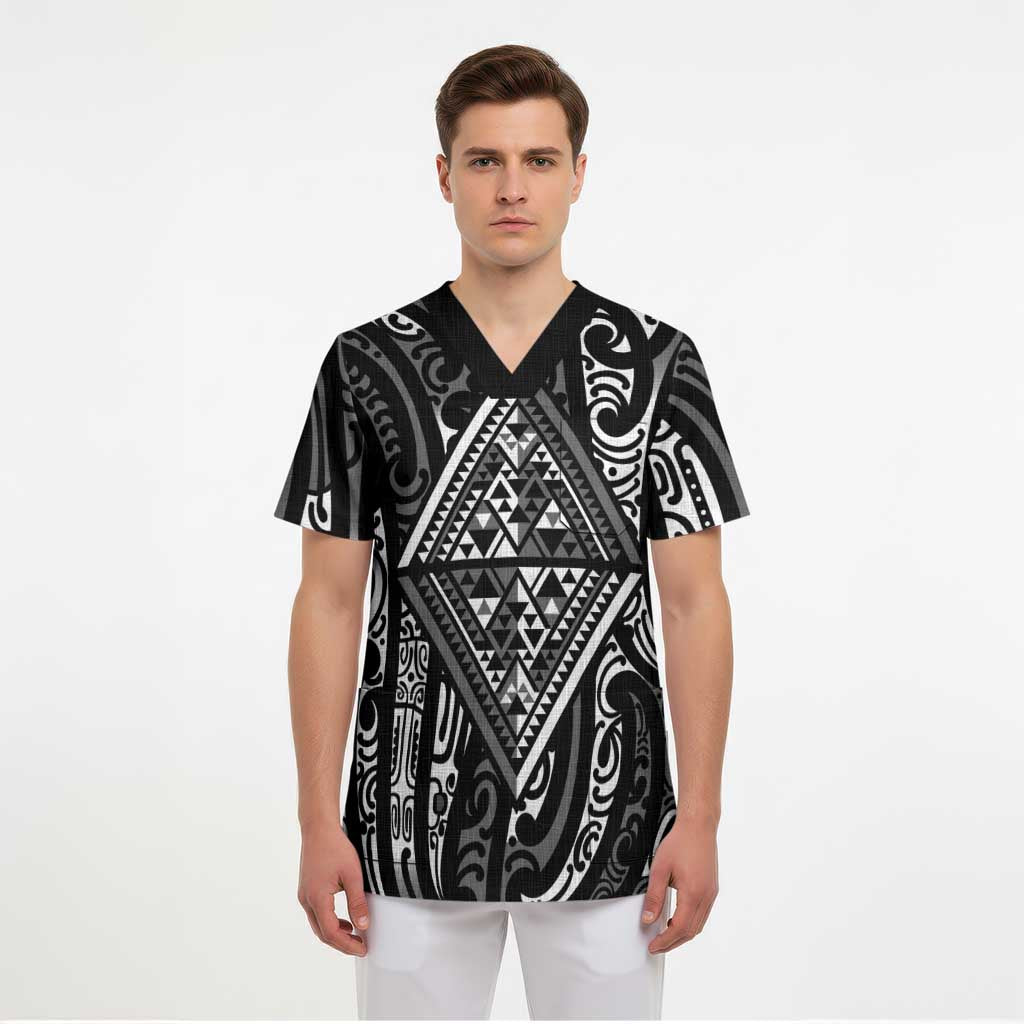 New Zealand Maori Taniko Scrub Top Black Kowhaiwhai Puhoro - Polynesian Pride