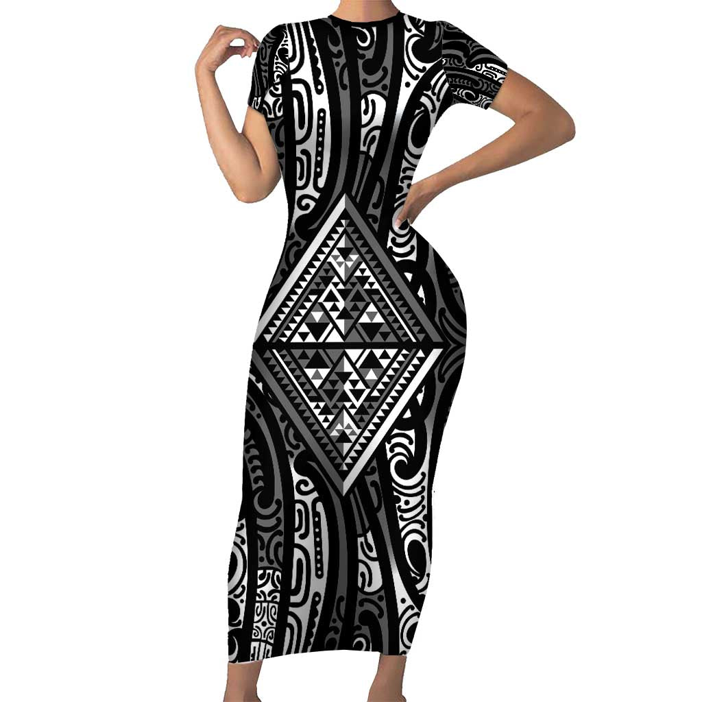 New Zealand Maori Taniko Short Sleeve Bodycon Dress Black Kowhaiwhai Puhoro LT9 Long Dress Black - Polynesian Pride