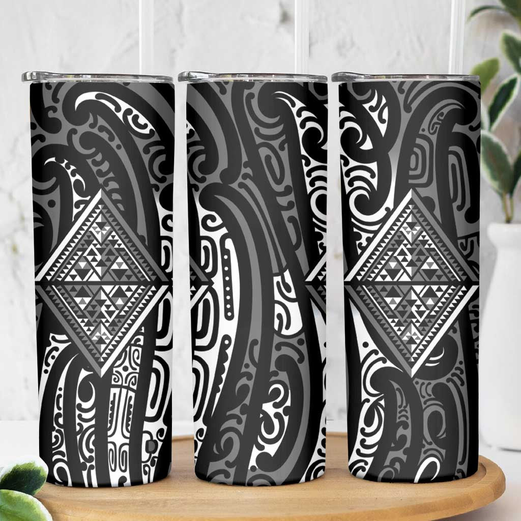 New Zealand Maori Taniko Skinny Tumbler Black Kowhaiwhai Puhoro