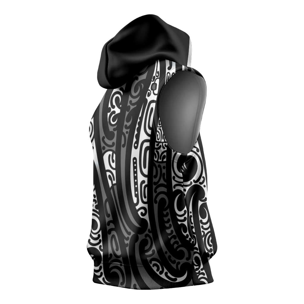 New Zealand Maori Taniko Sleeveless Hoodie Black Kowhaiwhai Puhoro - Polynesian Pride