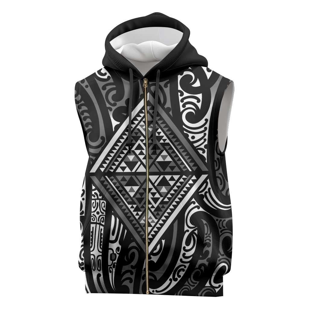 New Zealand Maori Taniko Sleeveless Zip Hoodie Black Kowhaiwhai Puhoro - Polynesian Pride