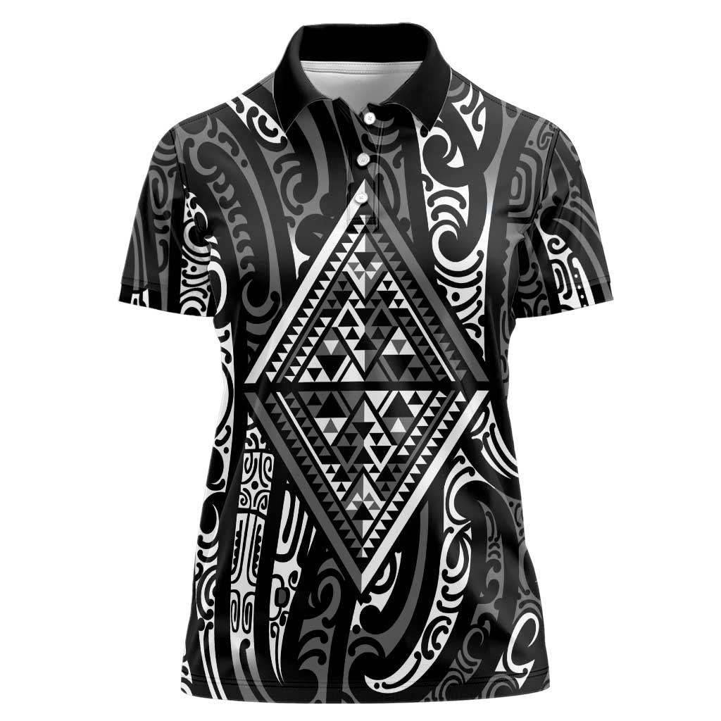 New Zealand Maori Taniko Women Polo Shirt Black Kowhaiwhai Puhoro LT9 Female Black - Polynesian Pride