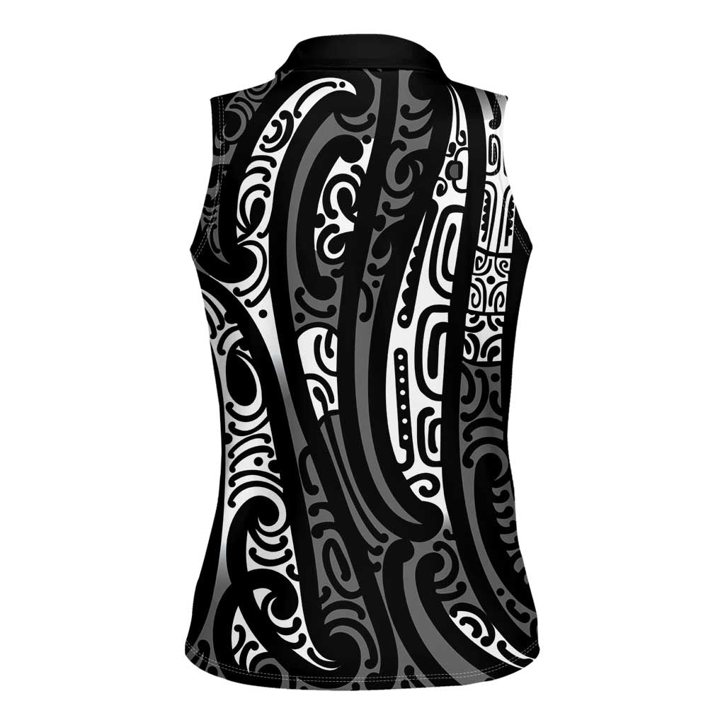 New Zealand Maori Taniko Women Sleeveless Polo Shirt Black Kowhaiwhai Puhoro LT9 - Polynesian Pride