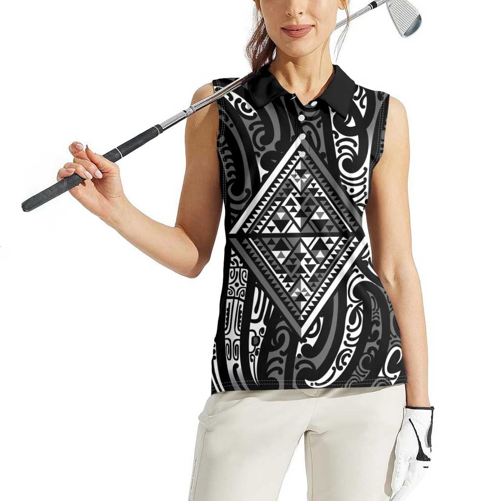 New Zealand Maori Taniko Women Sleeveless Polo Shirt Black Kowhaiwhai Puhoro LT9 - Polynesian Pride