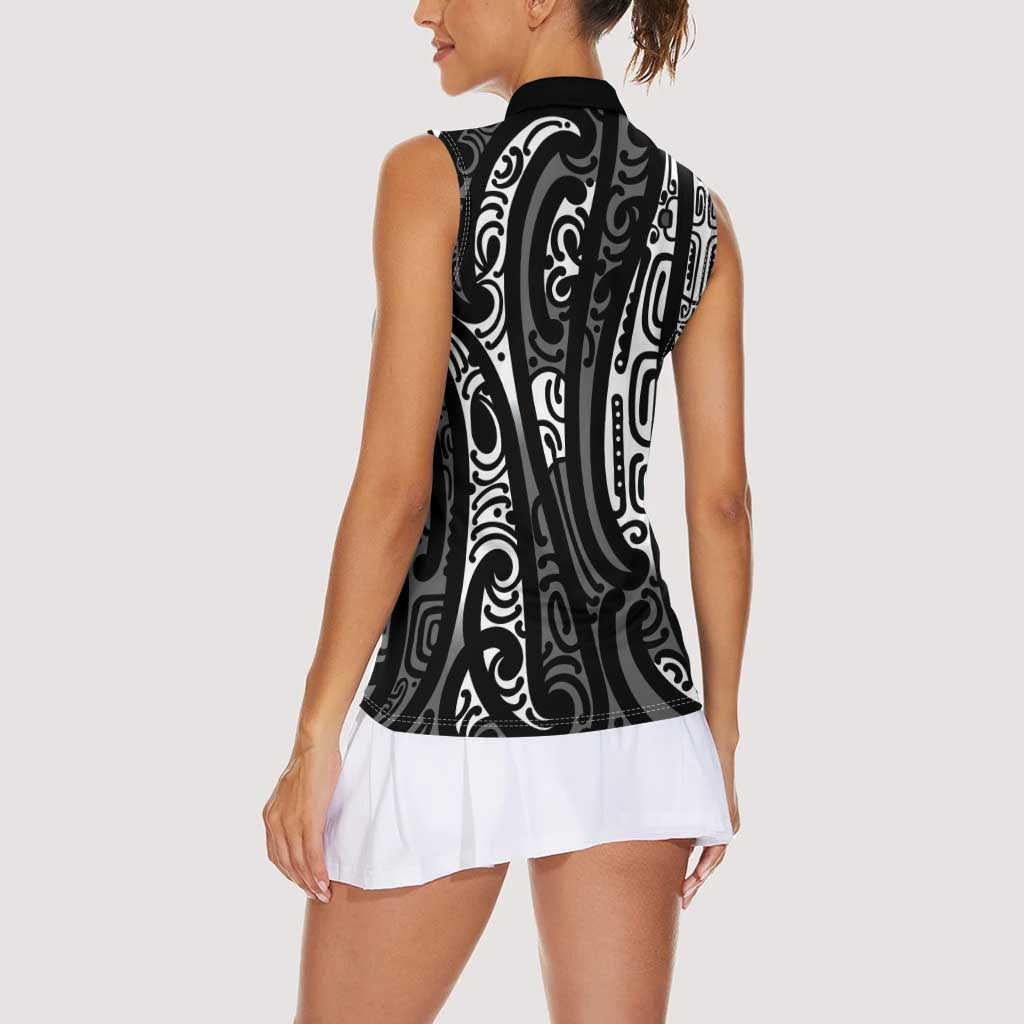New Zealand Maori Taniko Women Sleeveless Polo Shirt Black Kowhaiwhai Puhoro LT9 - Polynesian Pride