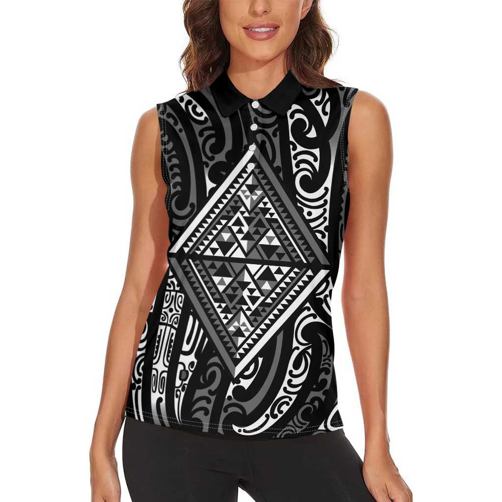 New Zealand Maori Taniko Women Sleeveless Polo Shirt Black Kowhaiwhai Puhoro LT9 - Polynesian Pride